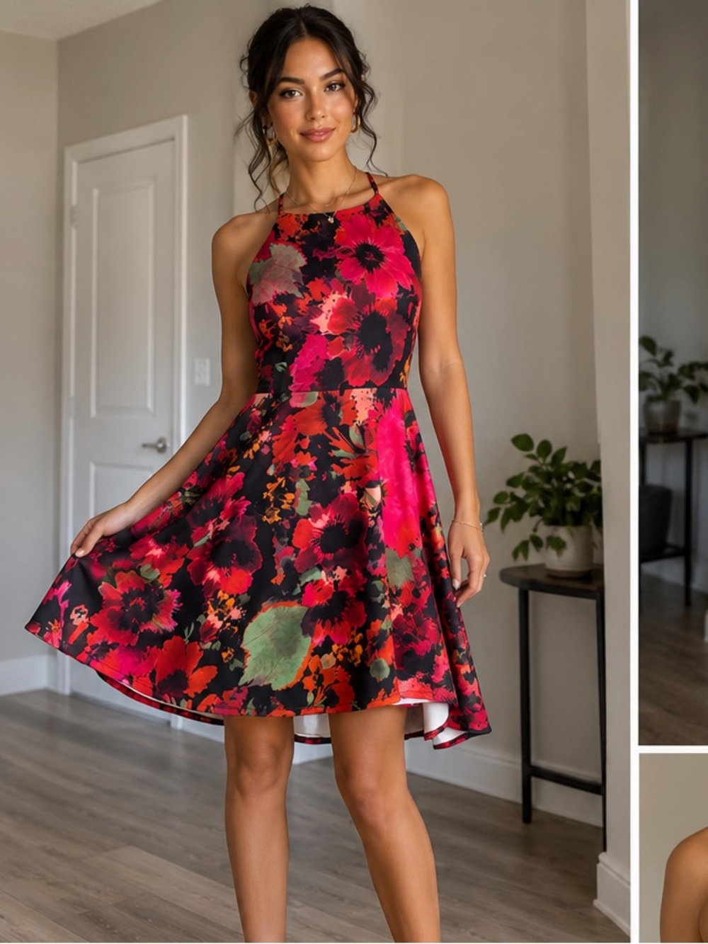 Revamped Black Halter Floral Mini Dress with Fuchsia and Red Blooms